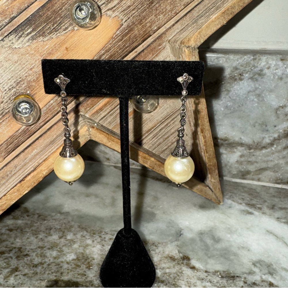 Vintage Faux Pearl Marcasite & Sterling Silver Dangle Earrings